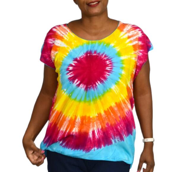 Sunburst Tie Dye Top Rainbow Multicolor Shirt Boxy Casual Retro Hippy Medium - Picture 1 of 13
